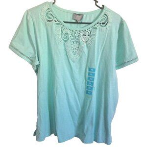 Berkley Jensen Women's L Crochet Lace Neck Top Green New w/Tags